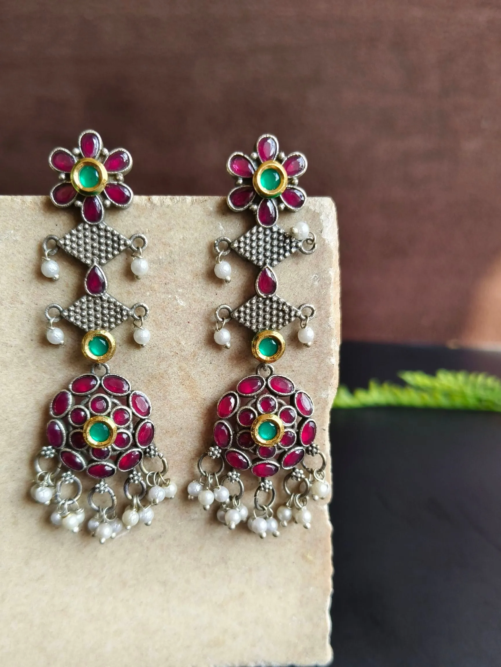 Elegant Silver Replica Dangler Earrings with Pearl & Kundan | Sarichka