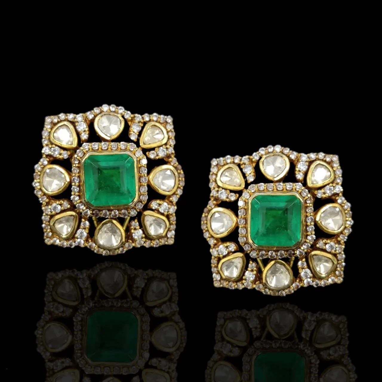 Emerald Square Polki Studs
