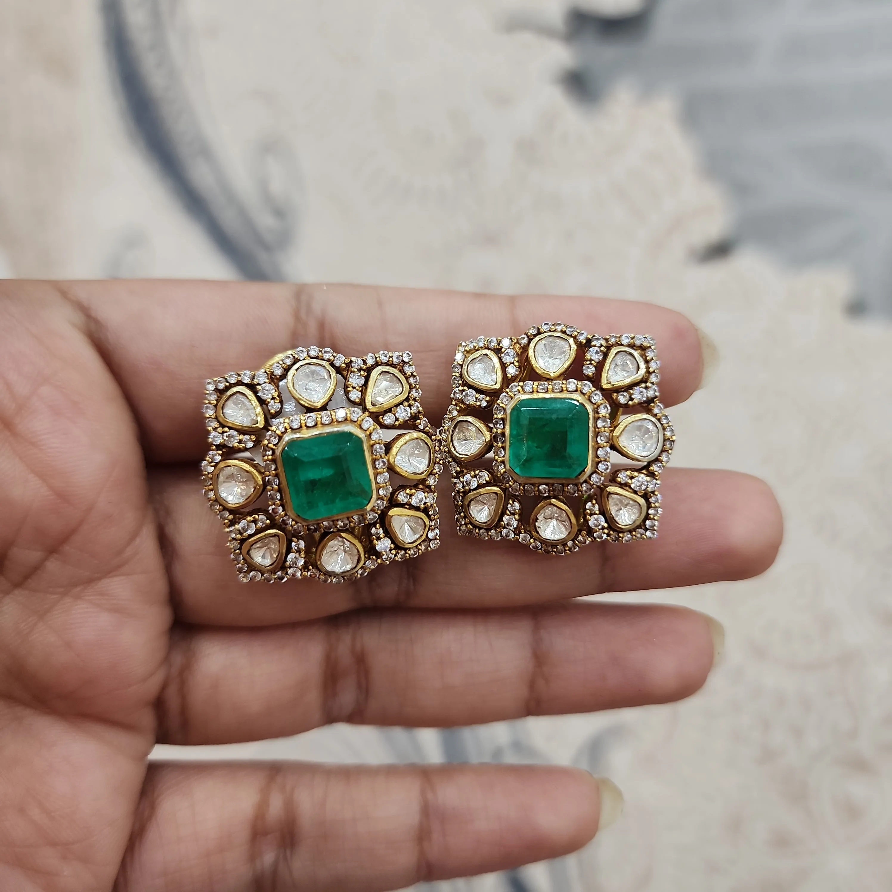 Emerald Square Polki Studs
