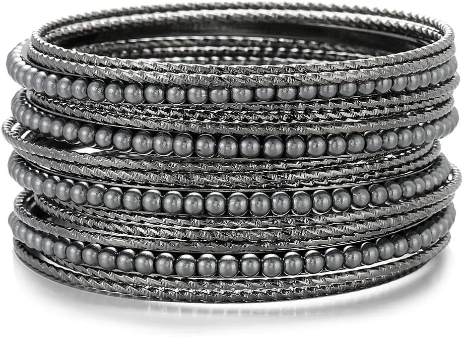 Ensoul Acrylic Pearl-Beads/Glass Seedbeads Mixed Metal Bangles Bracelets for Women Set of 17