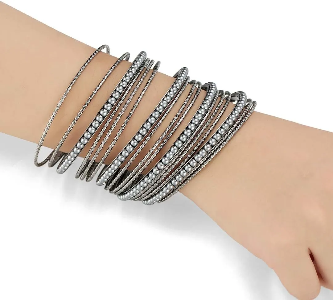 Ensoul Acrylic Pearl-Beads/Glass Seedbeads Mixed Metal Bangles Bracelets for Women Set of 17