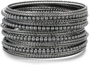 Ensoul Acrylic Pearl-Beads/Glass Seedbeads Mixed Metal Bangles Bracelets for Women Set of 17