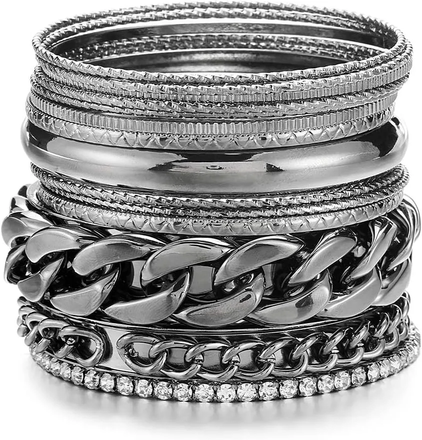 Ensoul Multiple Textured Metal Bracelets & Bangles Set 14Pcs/Set W/Clear Rhinestones