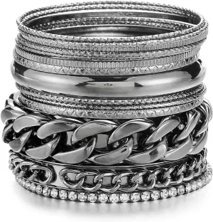 Ensoul Multiple Textured Metal Bracelets & Bangles Set 14Pcs/Set W/Clear Rhinestones