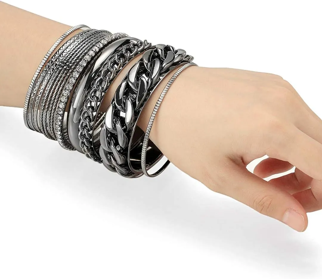 Ensoul Multiple Textured Metal Bracelets & Bangles Set 14Pcs/Set W/Clear Rhinestones