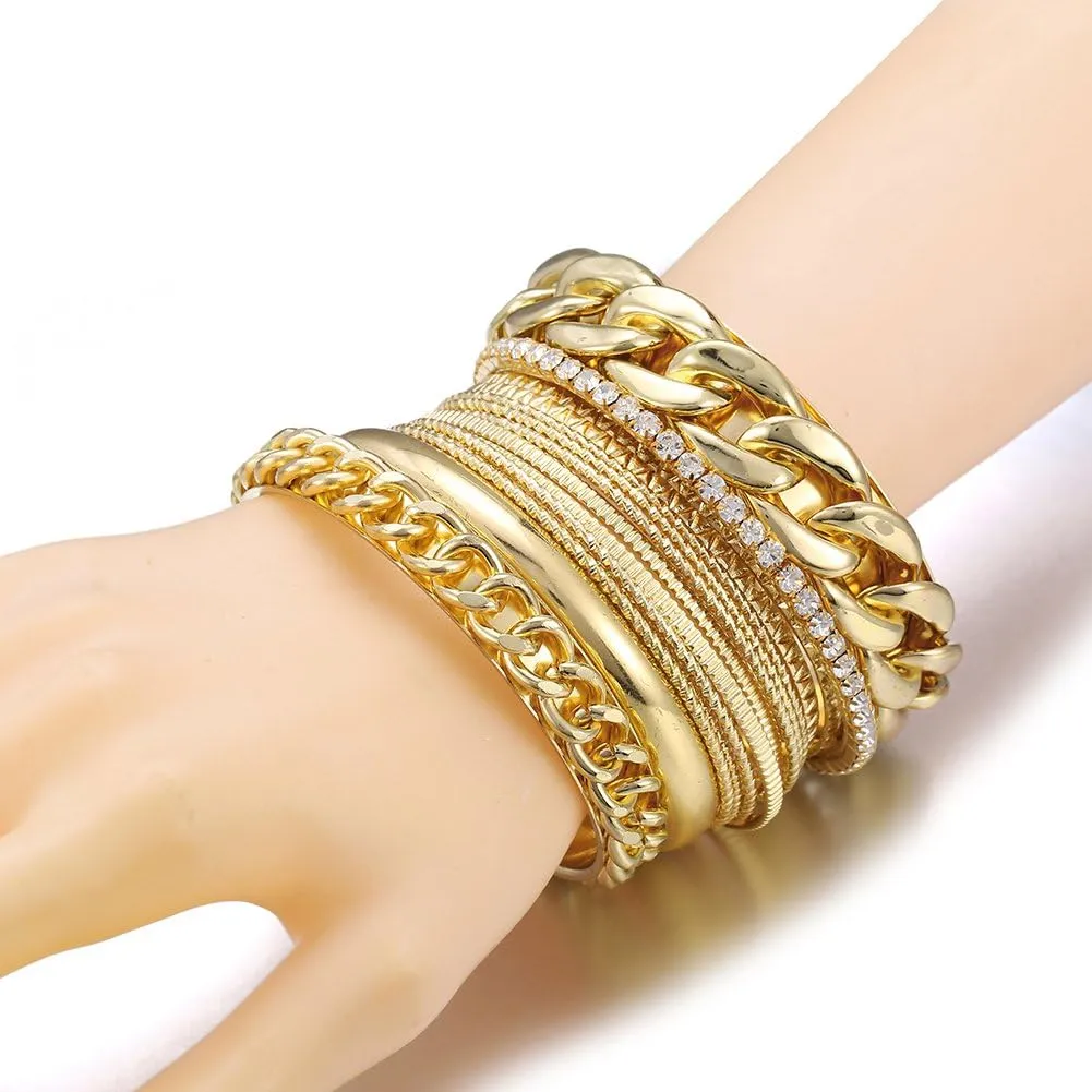 Ensoul Multiple Textured Metal Bracelets & Bangles Set 14Pcs/Set W/Clear Rhinestones