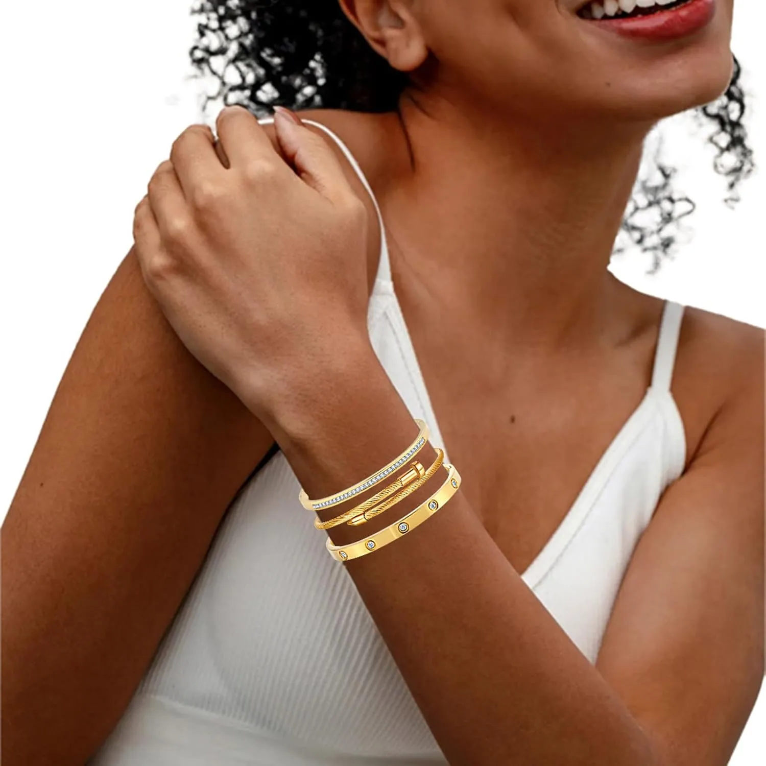 Gold Bracelets for Women - Crystal Stackable Bangles with Friendship & Love Theme - Stainless Steel Jewelry, Ideal Birthday Gift