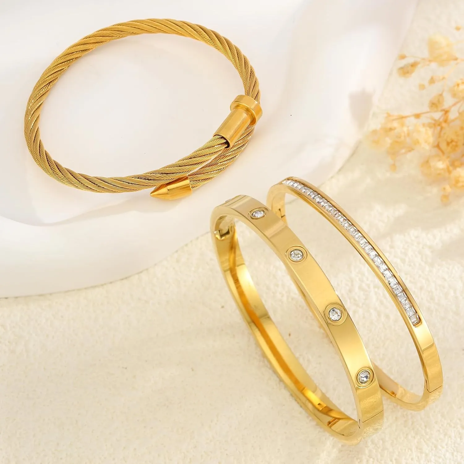 Gold Bracelets for Women - Crystal Stackable Bangles with Friendship & Love Theme - Stainless Steel Jewelry, Ideal Birthday Gift
