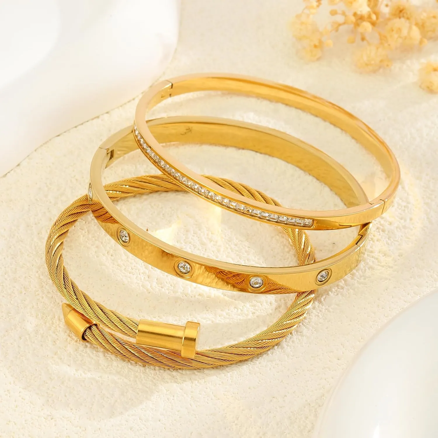Gold Bracelets for Women - Crystal Stackable Bangles with Friendship & Love Theme - Stainless Steel Jewelry, Ideal Birthday Gift
