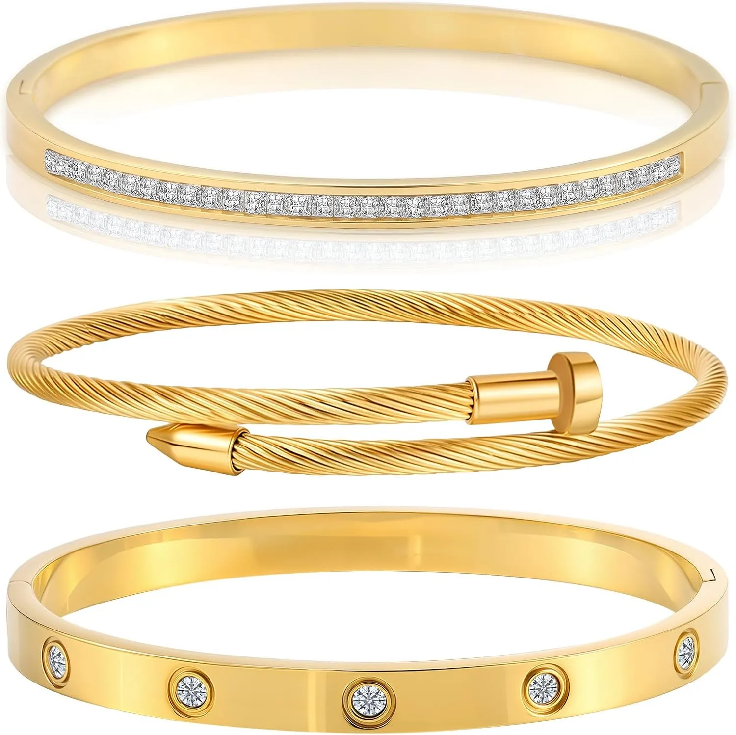 Gold Bracelets for Women - Crystal Stackable Bangles with Friendship & Love Theme - Stainless Steel Jewelry, Ideal Birthday Gift