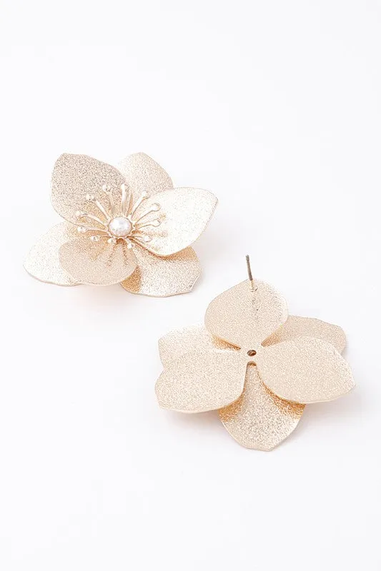 Gold Cream Delicate Pearl Flower Earrings
