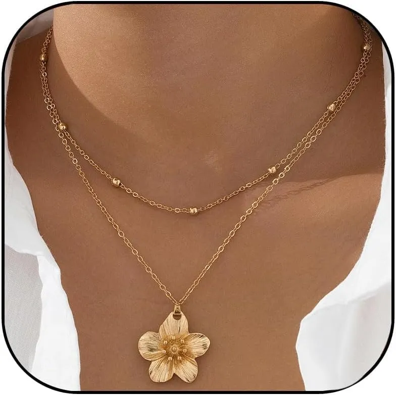 Gold Flower Necklace for Women Chunky Gold Floral Pendant Necklace Statement Flower Choker Jewelry for Women