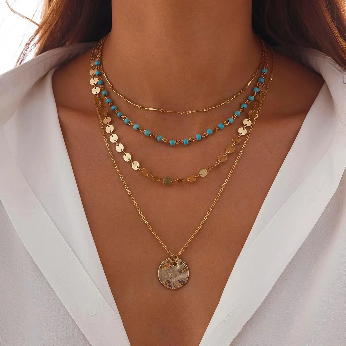 Gold Layered Necklaces for Women Boho Turquoise Stack Necklace Long Y Shape Western Necklaces Bohemian Coin Pendant Necklace For Country Concert Beach Jewelry Gift