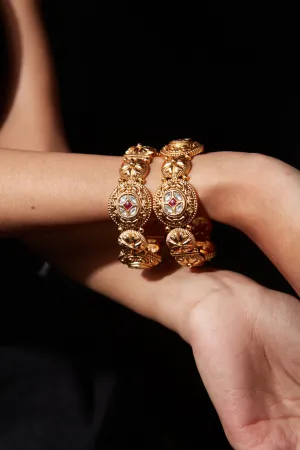 Gold Plated Kundan Studded Screw Openable Temple Bangles, Set of 2