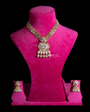 Gold Toned Multi Strand Necklace with Pearl Pendant and Gemstone Accents