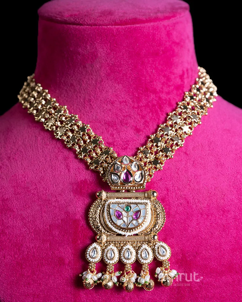 Gold Toned Multi Strand Necklace with Pearl Pendant and Gemstone Accents