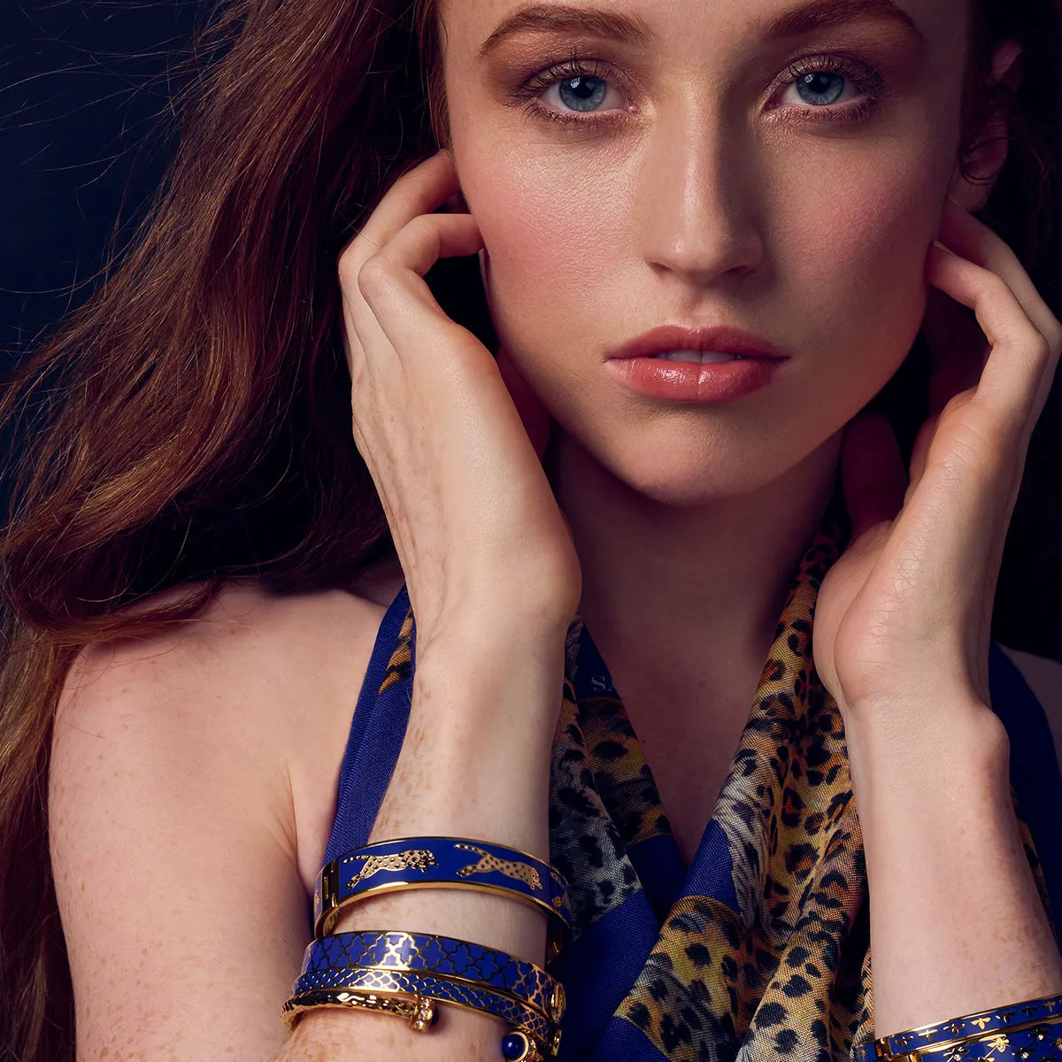 Halcyon Days - 13mm Leopard - Deep Cobalt - Gold - Hinged Bangle
