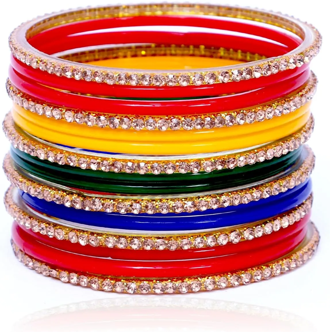 JD'Z COLLECTION Indian Glass Bangle Bracelets For Women Multicolor Plain Bangles Set For Women Multicolor With CZ Stone Set of 16 Jewelry Bangles Bracelet