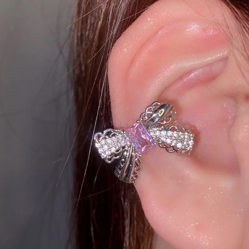 Korean Delicate Pink Crystal Bowknot Clip Earrings For Women