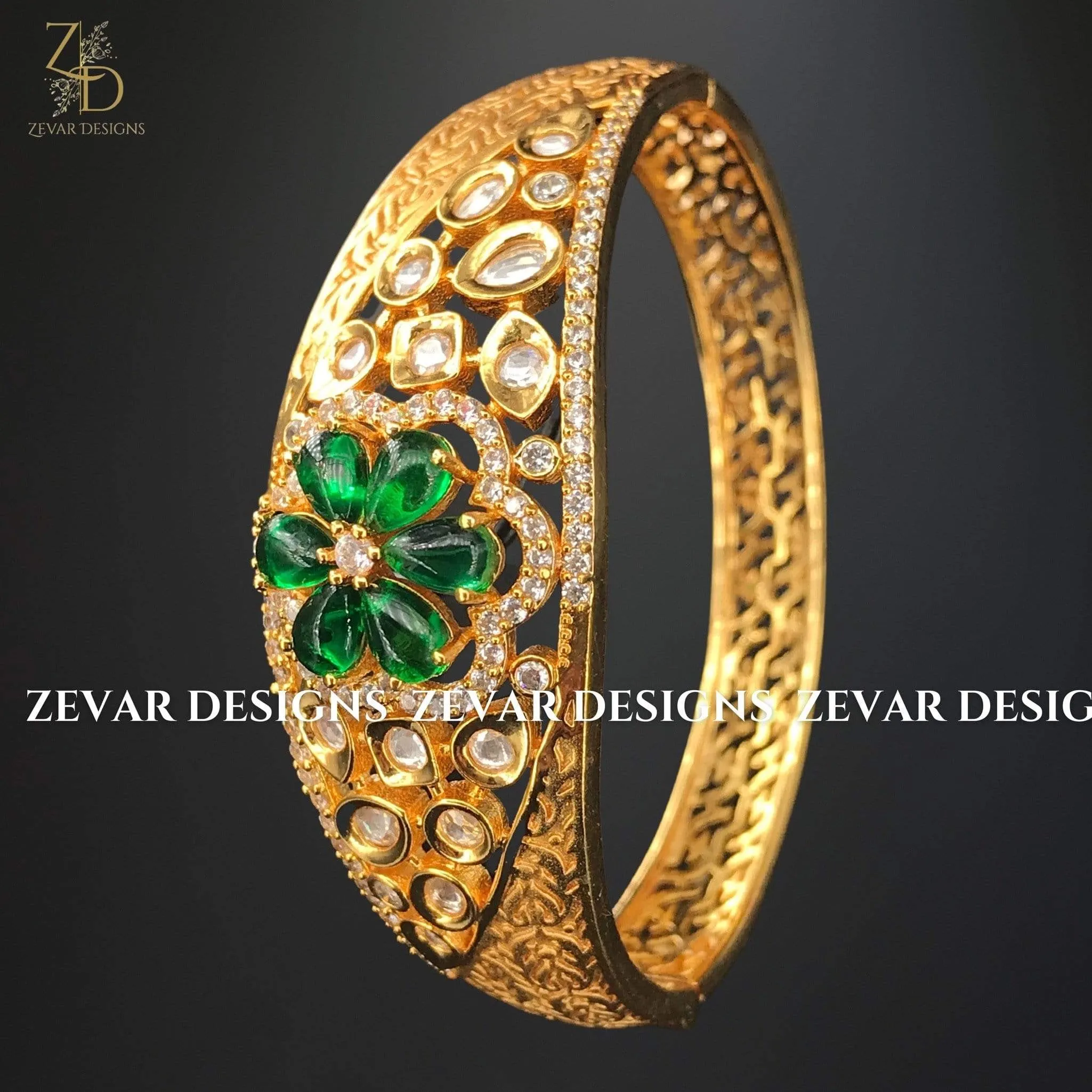 Kundan And AD Bracelet - Emerald Green