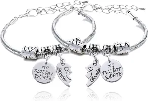 lauhonmin 2pcs Mother Daughter Bangles Set No Matter Where Compass Split Broken Heart Expandable Bracelets Gift