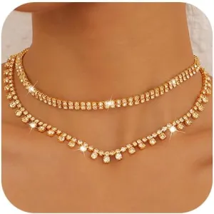 Layered Rhinestone Necklace Gold Choker Necklaces Crystal Neck Chain Jewelry for Women (Gold)