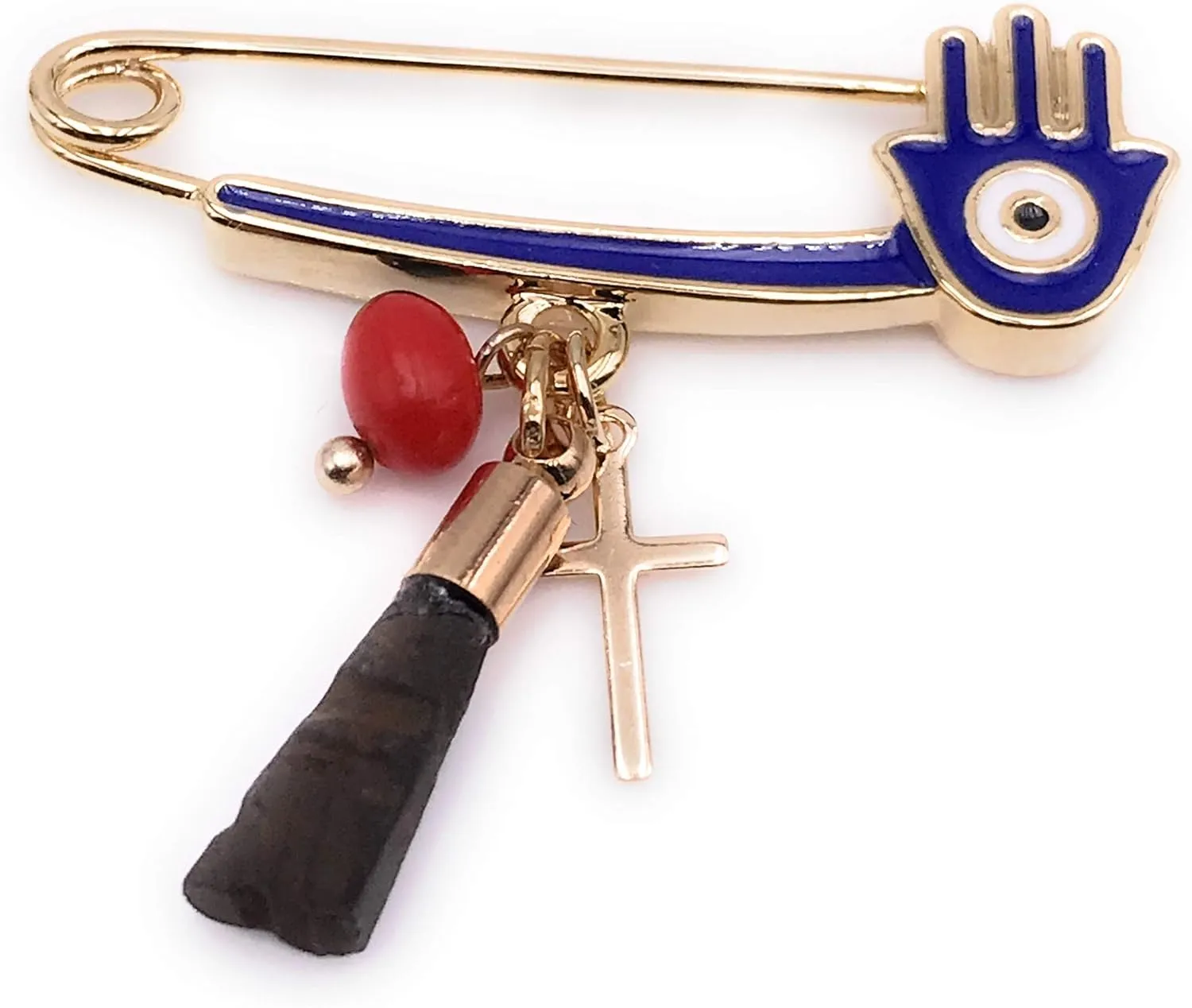 LESLIE BOULES Gold Plated Baby Brooch Safety Pin Genuine Azabache & Peonia Pendants Protection Jewelry