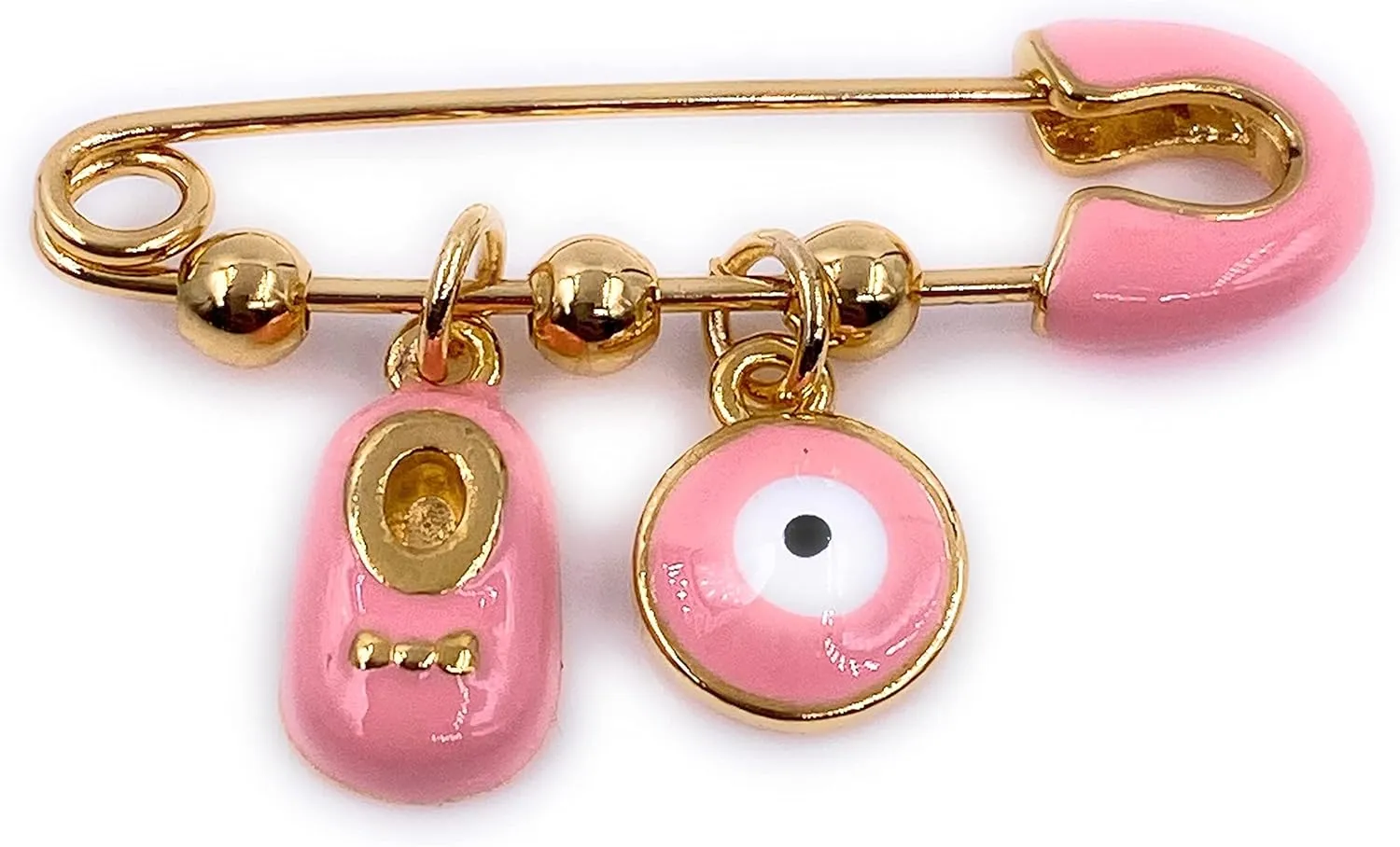 LESLIE BOULES It's A Girl 18K Gold Plated Brooch Pin for Baby Pink Evil Eye & Tiny Shoe Pendants