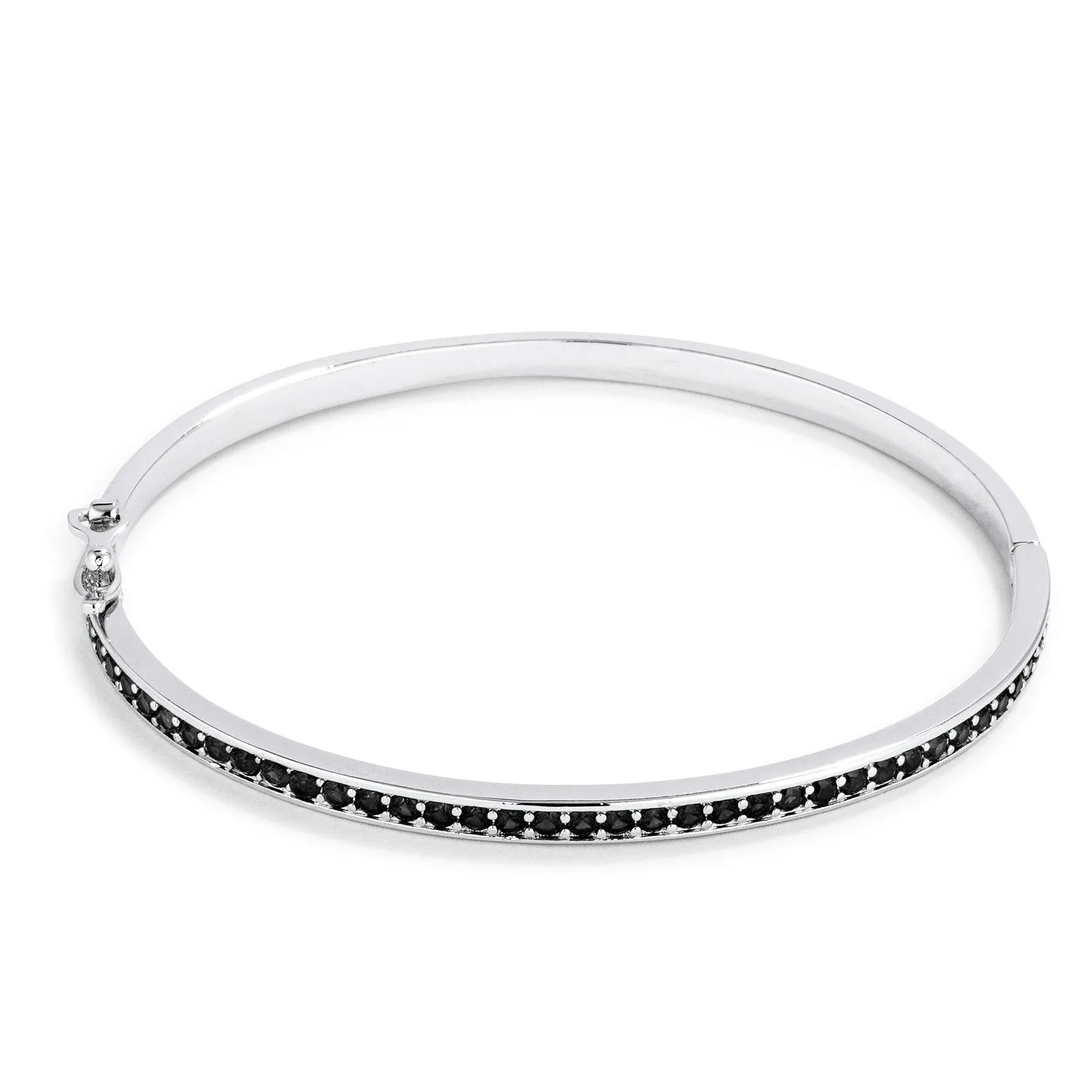 LOVCIA Elegant Jet Black CZ Channel-Set Rhodium Bangle Bracelet