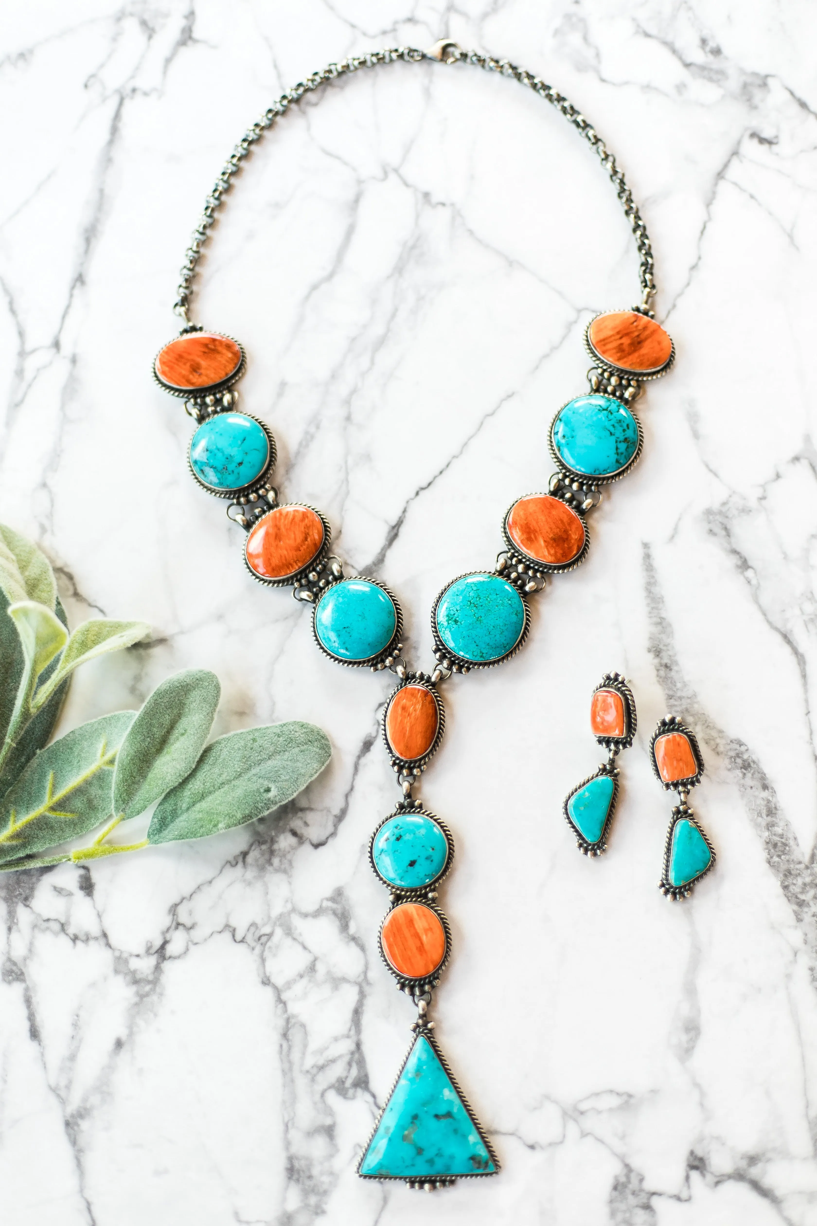 Marie Bahe | Navajo Handmade Spiny Oyster & Kingman Turquoise Lariat Necklace   Matching Earrings