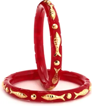 Meenakshi imitation Indian Women's Traditional Red Pola Bangles Set of 2 Handmade Fish Design Gold Plated Bracelet Bangle Jewelry With Box Gift For Her