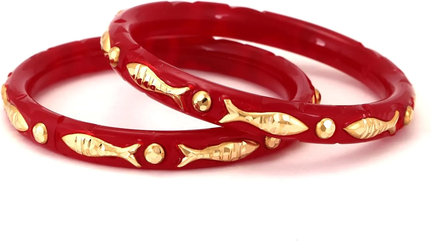 Meenakshi imitation Indian Women's Traditional Red Pola Bangles Set of 2 Handmade Fish Design Gold Plated Bracelet Bangle Jewelry With Box Gift For Her