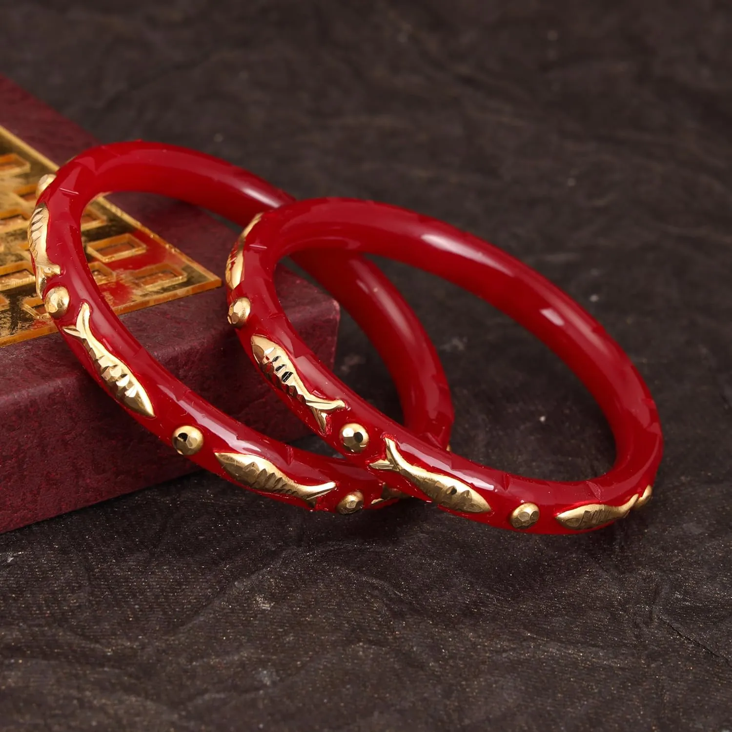 Meenakshi imitation Indian Women's Traditional Red Pola Bangles Set of 2 Handmade Fish Design Gold Plated Bracelet Bangle Jewelry With Box Gift For Her