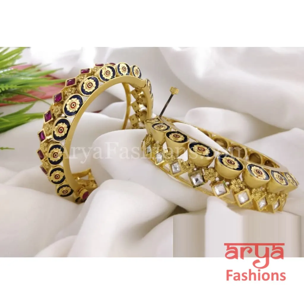 Minerva Jadau Rajwadi Kundan Kada Meenakari Bangles with Kundan stones