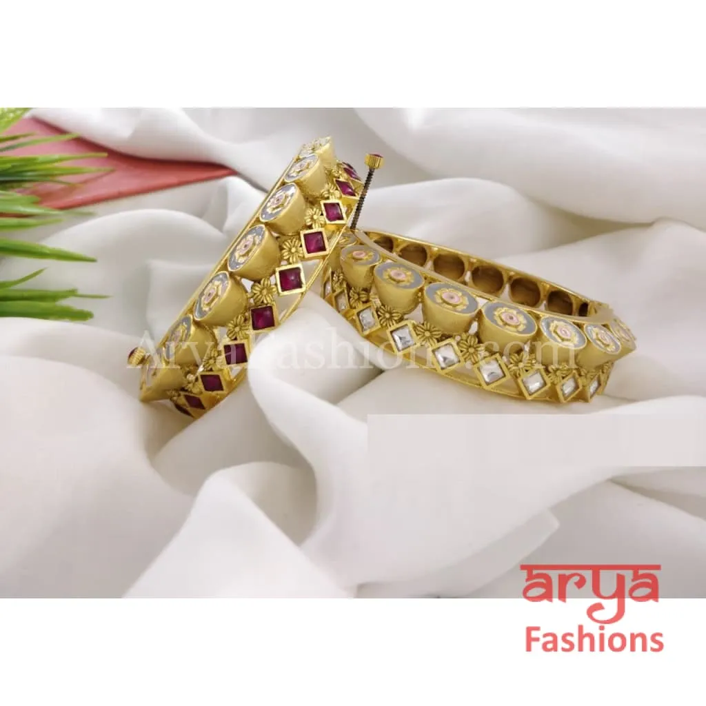 Minerva Jadau Rajwadi Kundan Kada Meenakari Bangles with Kundan stones