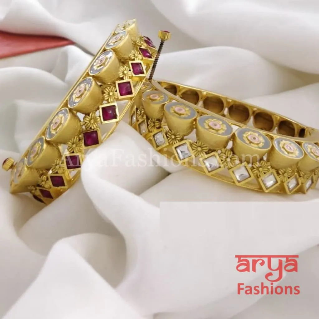 Minerva Jadau Rajwadi Kundan Kada Meenakari Bangles with Kundan stones