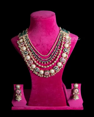 Multi Layered Necklace Set with Enamel Medallions and Matching Earrings