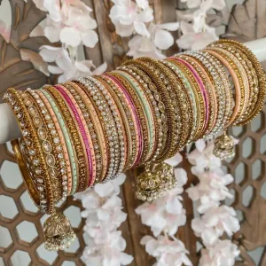 Multicolor Matte Bangles with Golden Work Tassel Bangle, Latkan Wedding Bangle Set