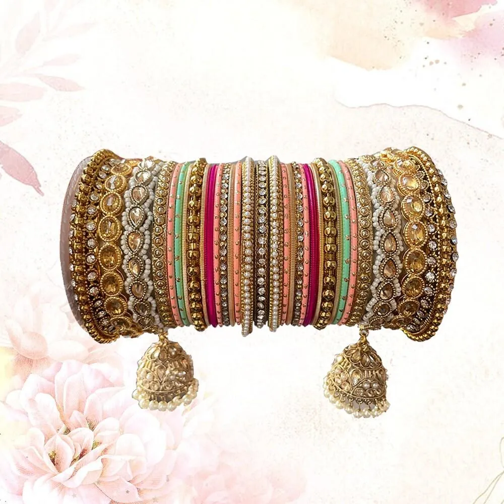 Multicolor Matte Bangles with Golden Work Tassel Bangle, Latkan Wedding Bangle Set