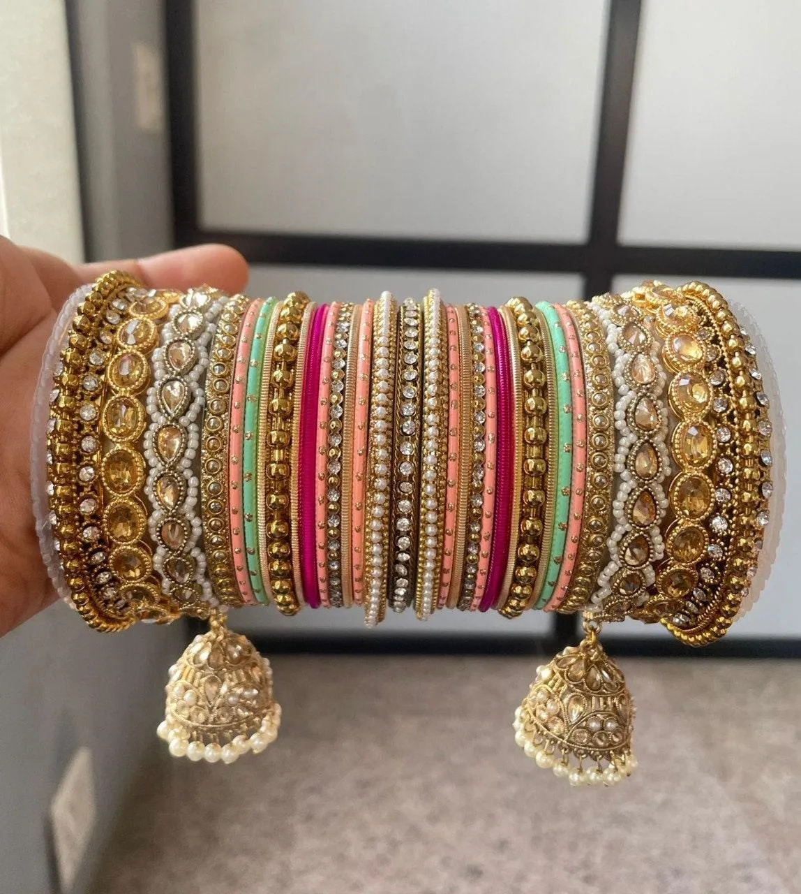 Multicolor Matte Bangles with Golden Work Tassel Bangle, Latkan Wedding Bangle Set