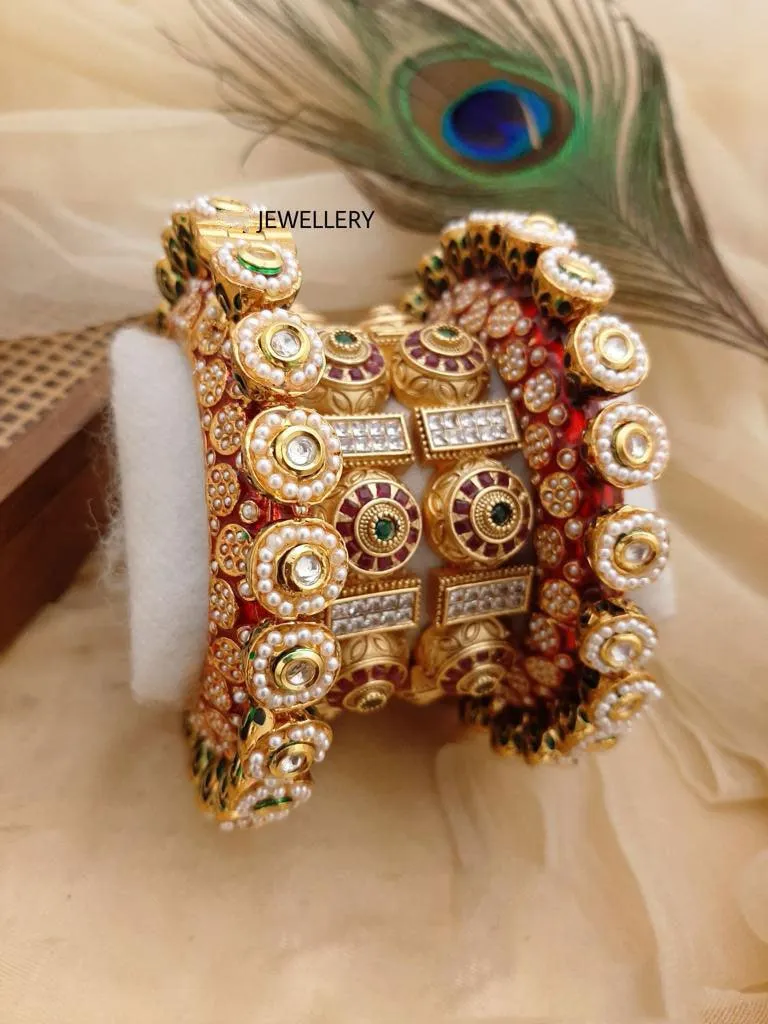 Multicolor Rajwadi Jadau Kada 4 Navratana Pacheli Bangles Meenakari Hand-painted Kade Jadtar Openable Bangle Rajasthani Jewelry