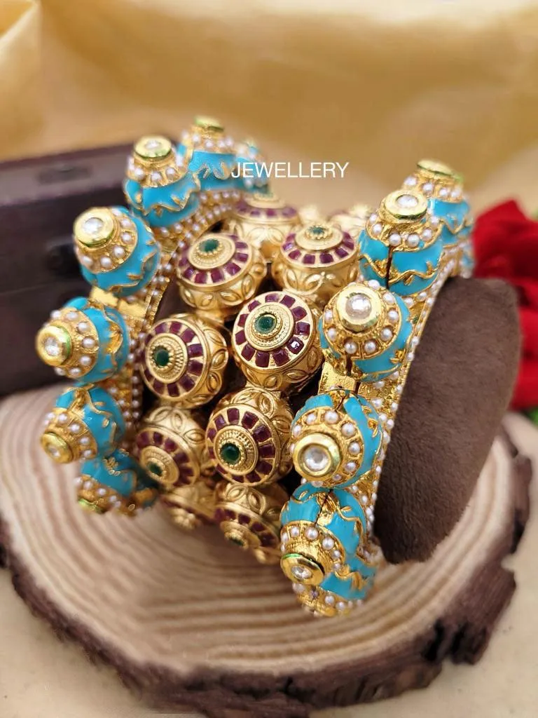 Multicolor Rajwadi Jadau Kada 4 Navratana Pacheli Bangles Meenakari Hand-painted Kade Jadtar Openable Bangle Rajasthani Jewelry