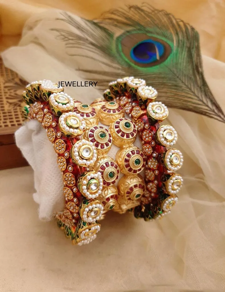Multicolor Rajwadi Jadau Kada 4 Navratana Pacheli Bangles Meenakari Hand-painted Kade Jadtar Openable Bangle Rajasthani Jewelry