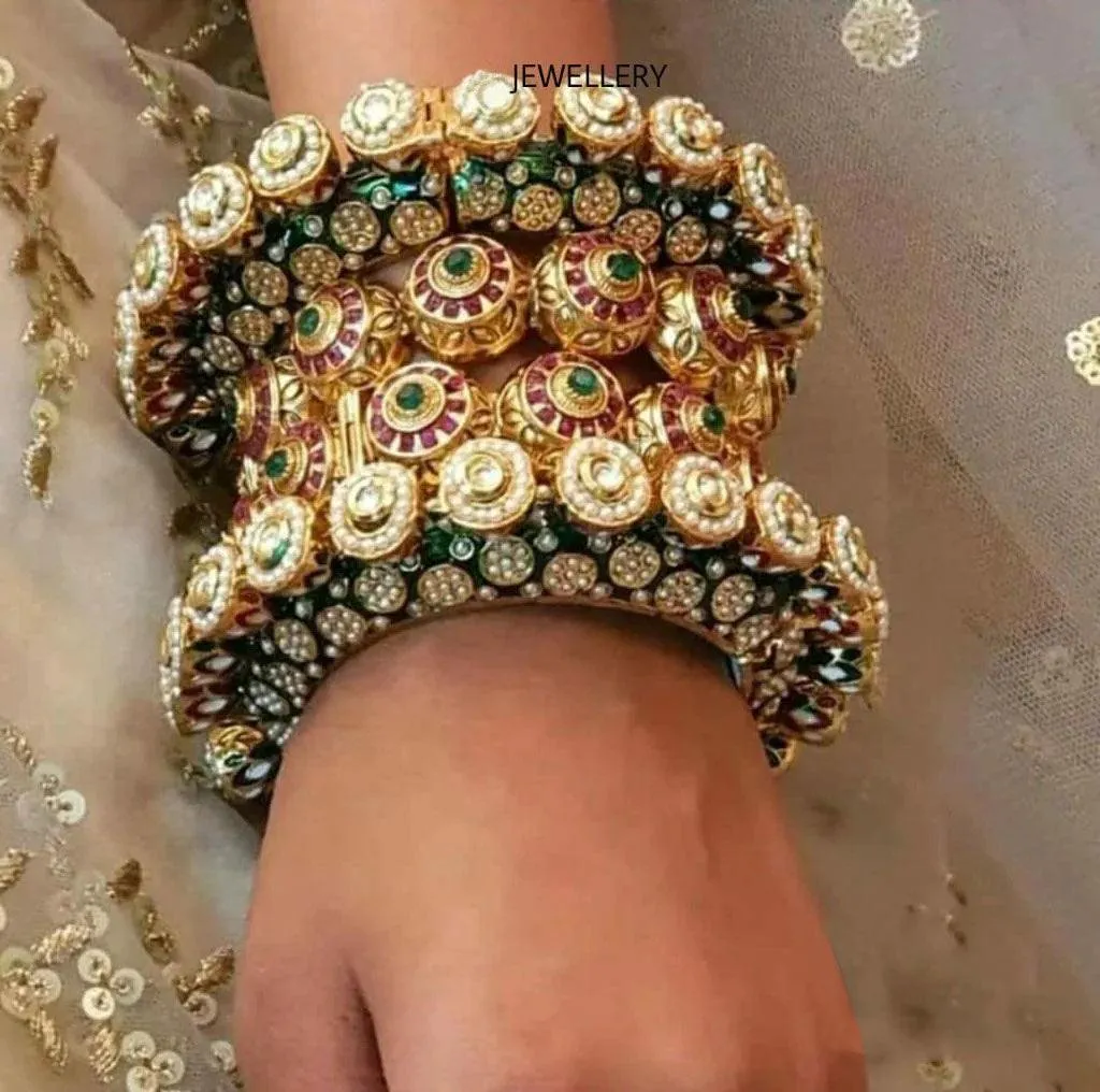 Multicolor Rajwadi Jadau Kada 4 Navratana Pacheli Bangles Meenakari Hand-painted Kade Jadtar Openable Bangle Rajasthani Jewelry