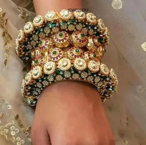 Multicolor Rajwadi Jadau Kada 4 Navratana Pacheli Bangles Meenakari Hand-painted Kade Jadtar Openable Bangle Rajasthani Jewelry