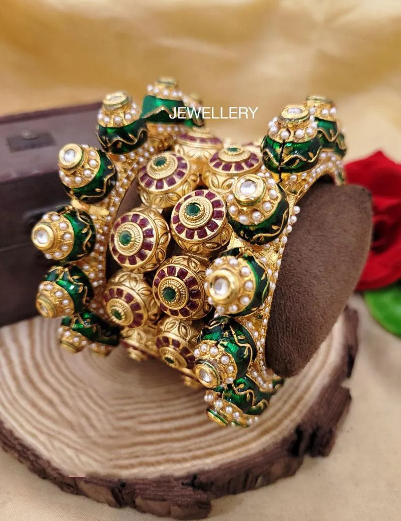 Multicolor Rajwadi Jadau Kada 4 Navratana Pacheli Bangles Meenakari Hand-painted Kade Jadtar Openable Bangle Rajasthani Jewelry