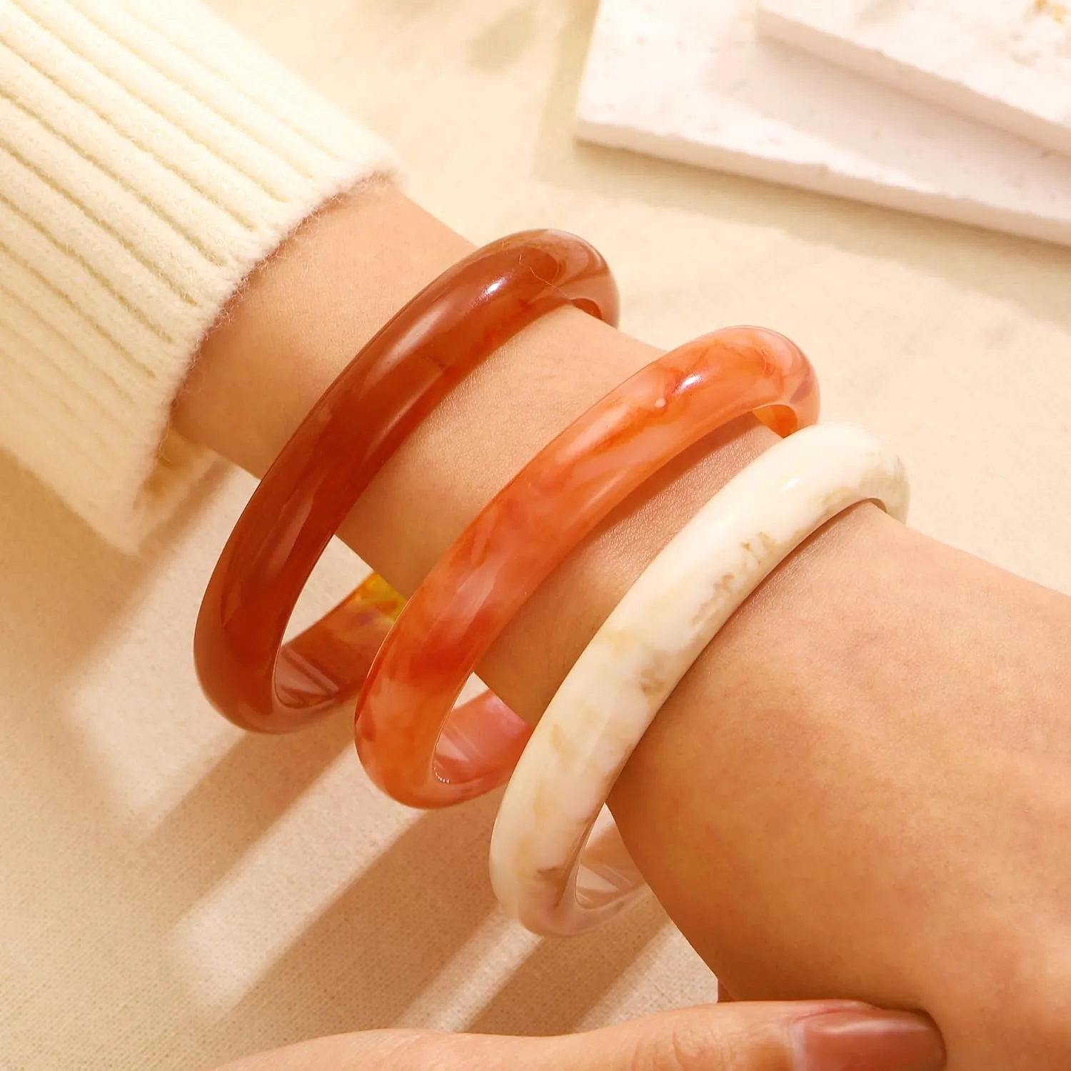 MYANAIL 3Pcs Chunky Acrylic Stackable Bracelets Bangle Set for Women Colorful Large Thick Resin Wristbands Bracelets Geometric Circle Cuff Statement Bracelet Set Jewelry Gift