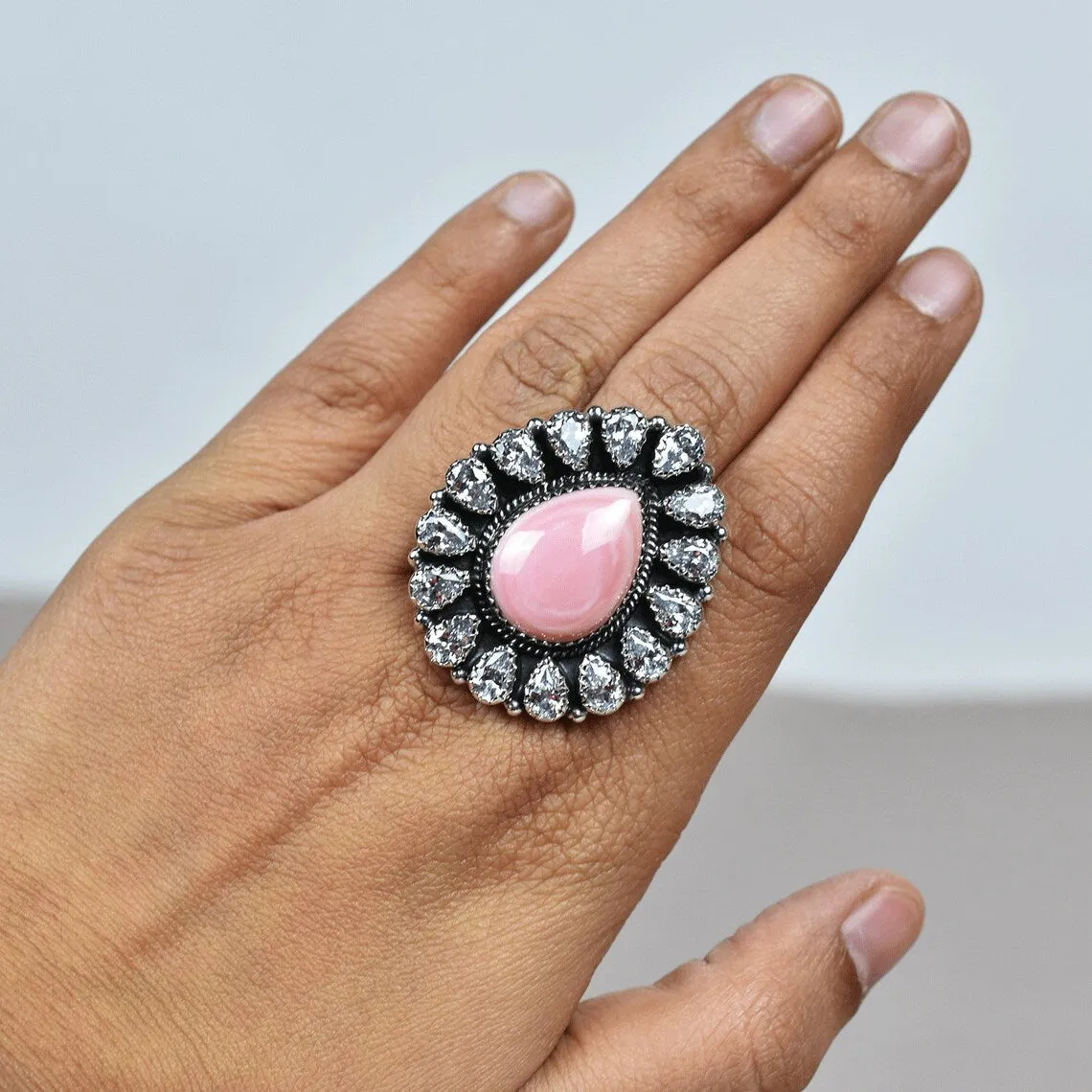 Native American Pink Conch Shell & Cubic Zirconia Cluster Rings - 925 Sterling Silver Handmade Vintage Rings