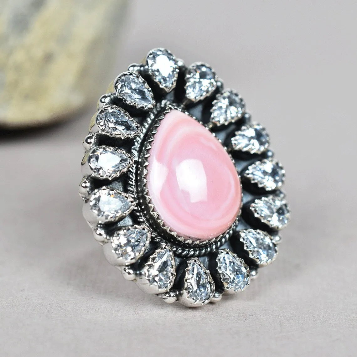 Native American Pink Conch Shell & Cubic Zirconia Cluster Rings - 925 Sterling Silver Handmade Vintage Rings