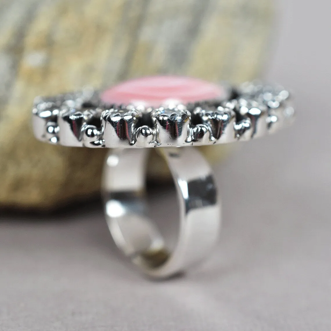 Native American Pink Conch Shell & Cubic Zirconia Cluster Rings - 925 Sterling Silver Handmade Vintage Rings